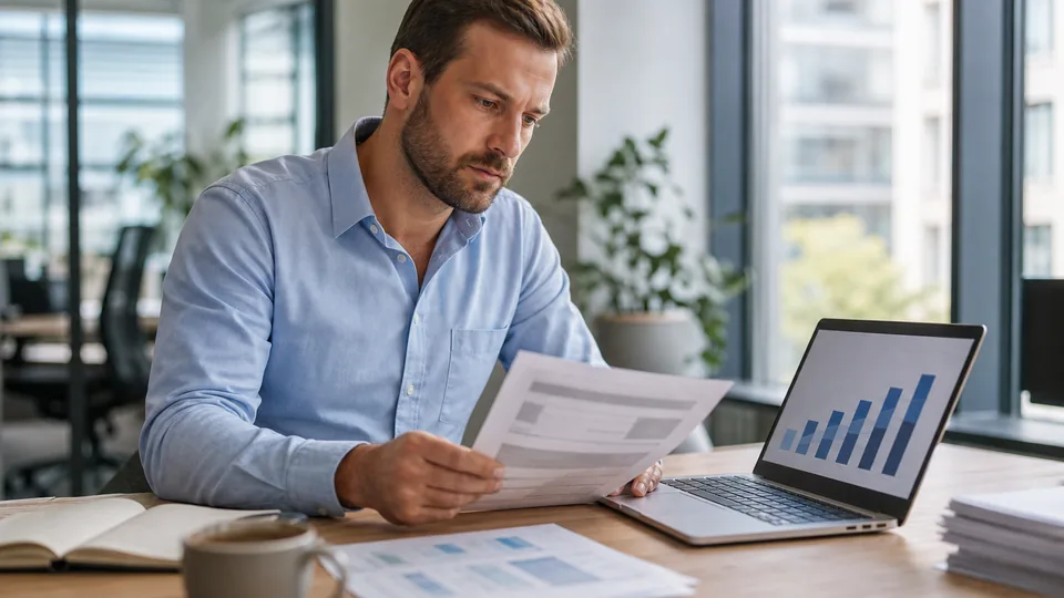 IT procurement manager comparing a software invoice with a usage forecast on a laptop