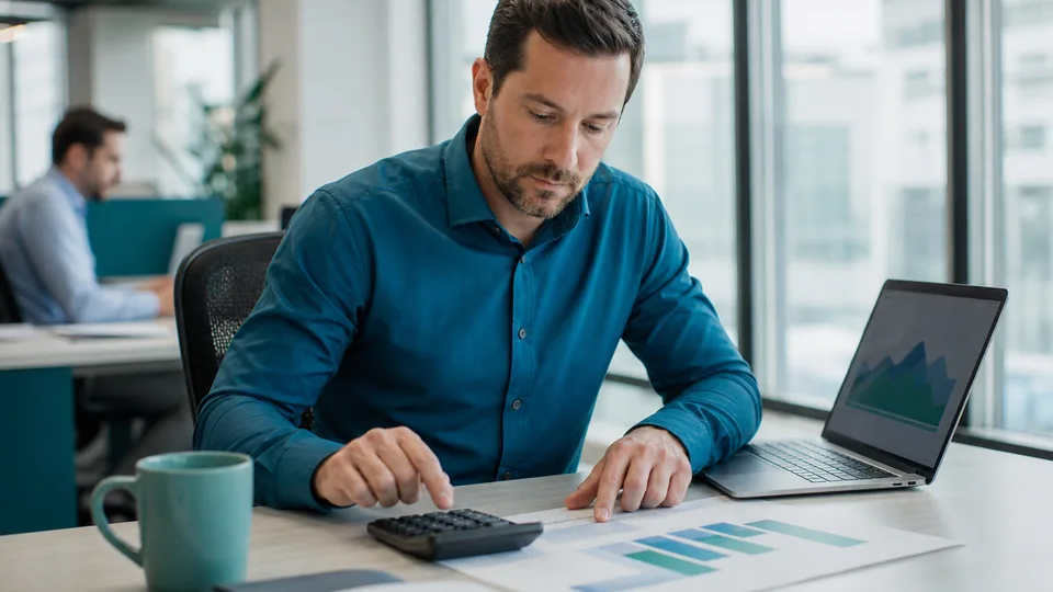 Operations lead estimating automation usage costs with a calculator and laptop