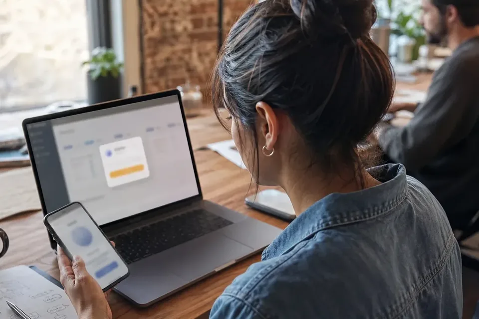 Finance lead at a shared desk reviewing a pending account request on a laptop with a phone in hand
