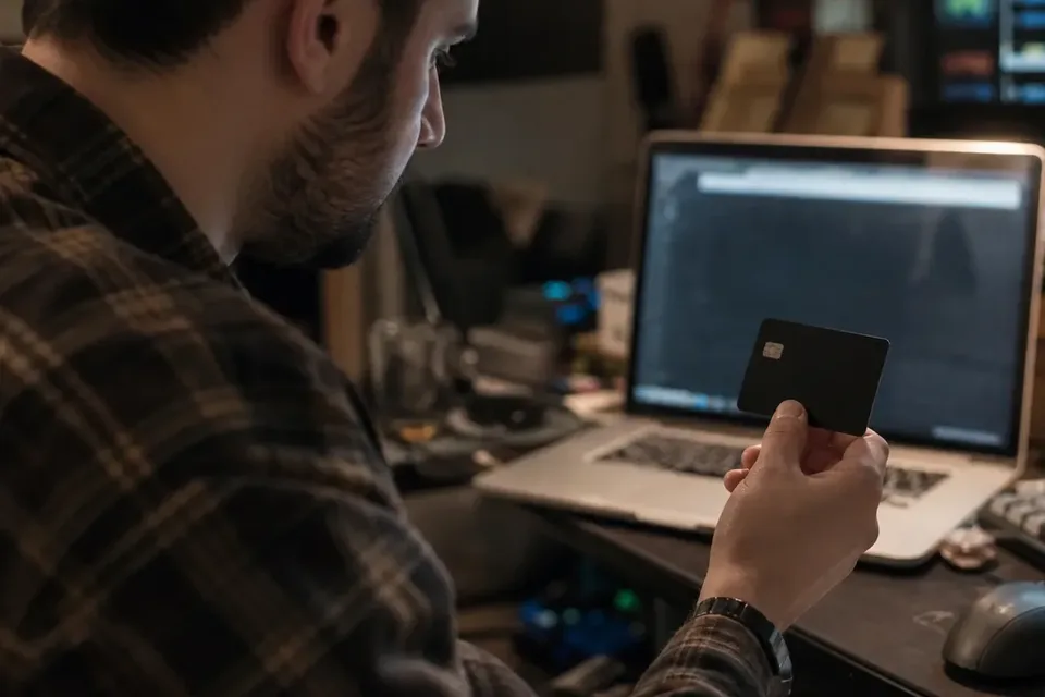 Engineer holding a plain unbranded card beside a laptop while setting a card limit