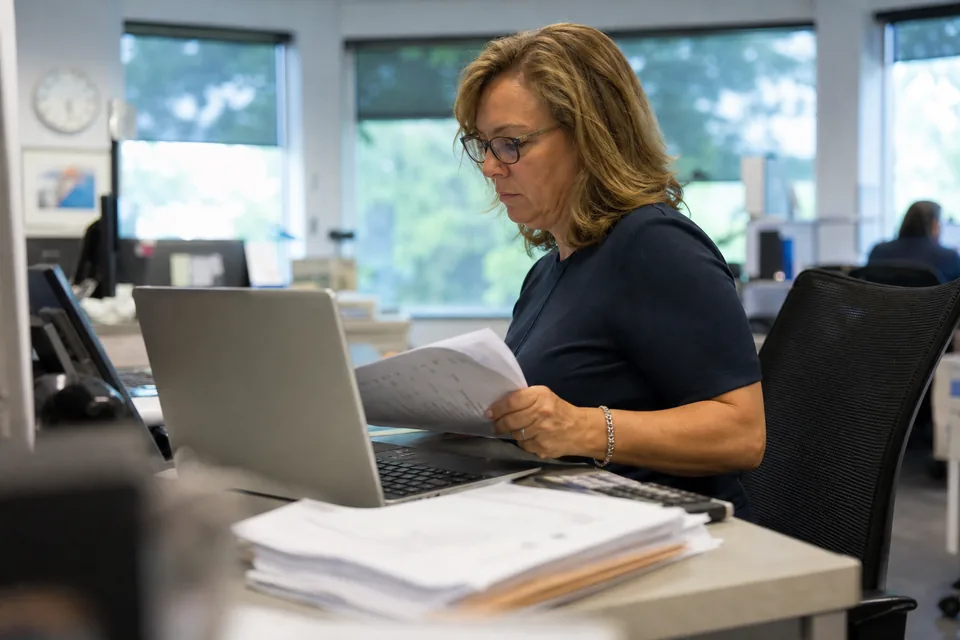 Accounts payable manager reviewing a queue of vendor bills awaiting payment on a laptop in a US office