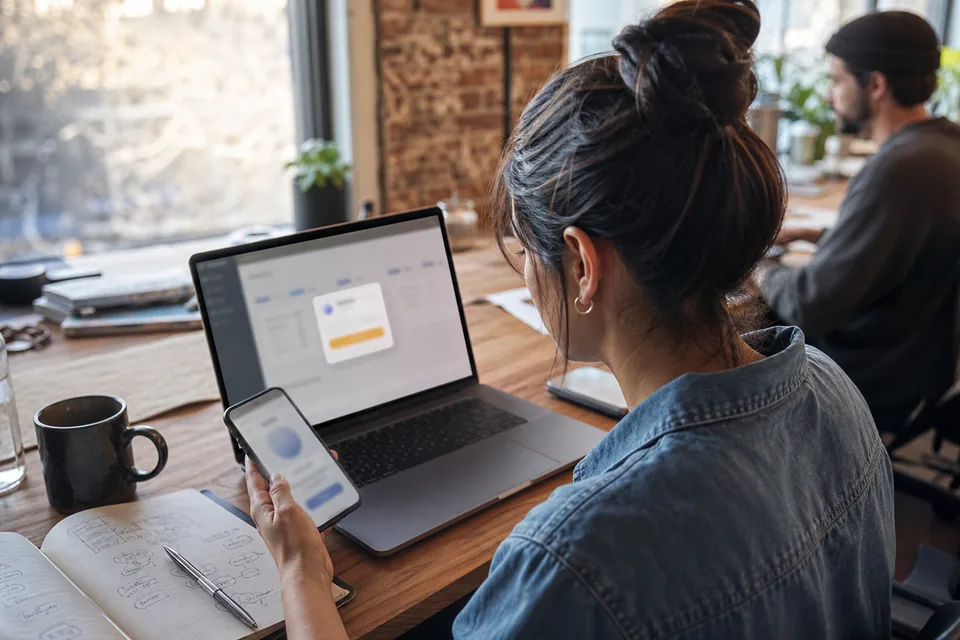 Startup founder at a loft workstation reviewing a pending bank payment request on a laptop beside a phone