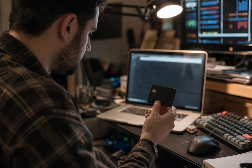 Engineer holding a plain unbranded card next to a terminal window while setting a card spending limit
