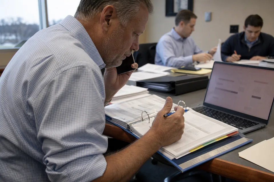 Controller checking a supplier bank account change request on a laptop next to printed vendor records