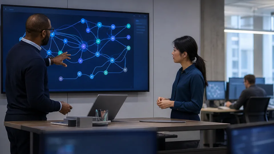 IT operations team reviewing an AI agent orchestration dashboard in an office