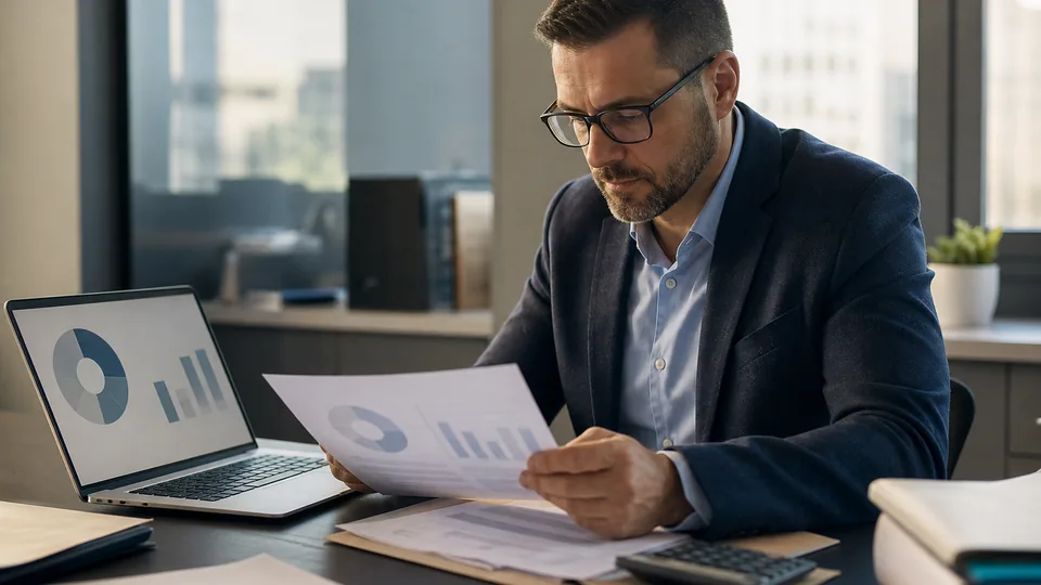 Corporate controller reviewing a purchase approval form next to a laptop