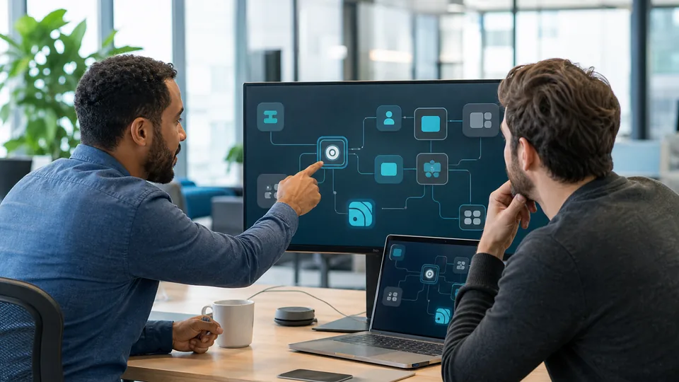Integration engineers connecting business apps to AI agents on a large monitor