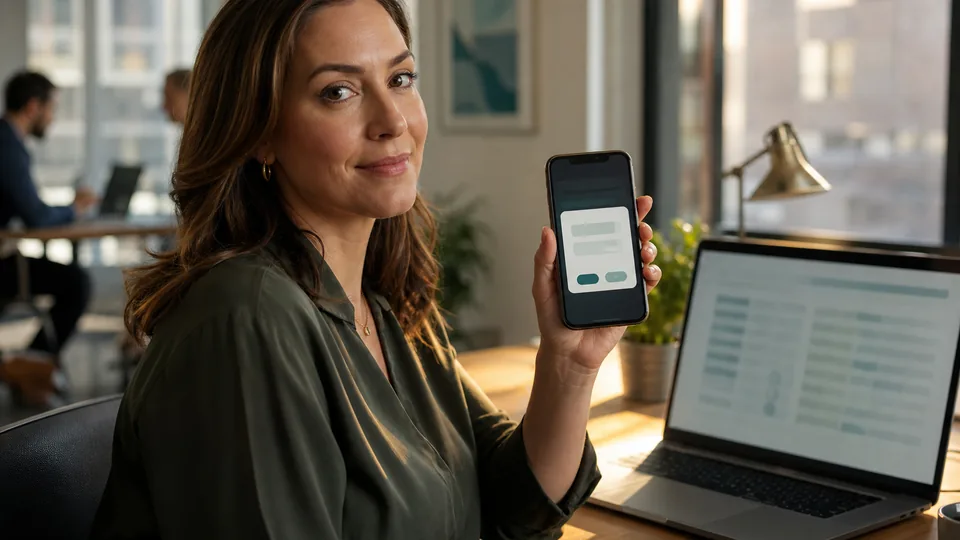 Finance manager approving a request in a chat app on a phone at her desk